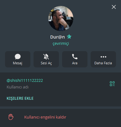 The image shows a Telegram user profile for "Dur@n" (marked as online/çevrimiçi) with the username @shishi1111122222, alongside Turkish interface options like "Mesaj," "Sesi Aç," "Ara," and "Kullanıcı engelini kaldır." The post warns followers that this account, run by "KriptoDuran," is a fake impersonator copying his username to scam users.
