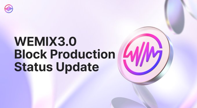 A promotional graphic reads 'WEMIX3.0 Block Production Status Update' next to a 3D rendering of the WEMIX logo coin on a light purple background.