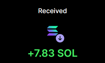 The image shows a "Received" notification for "+7.83 SOL", indicating a deposit of cryptocurrency matching the amount mentioned in the accompanying post.