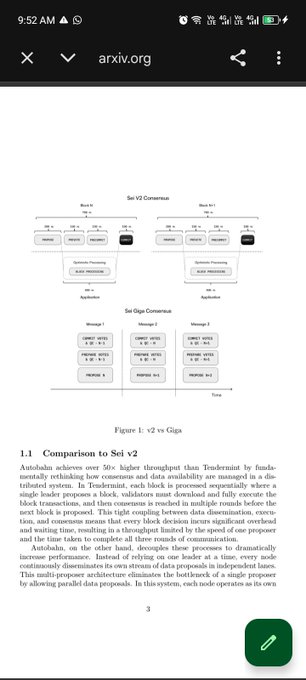 A screenshot of an arxiv.org document showing a section titled 'Comparison to Sei v2' with Figure 1: v2 vs Giga displaying diagrams of Sei V2 Consensus and Sei Giga Consensus.