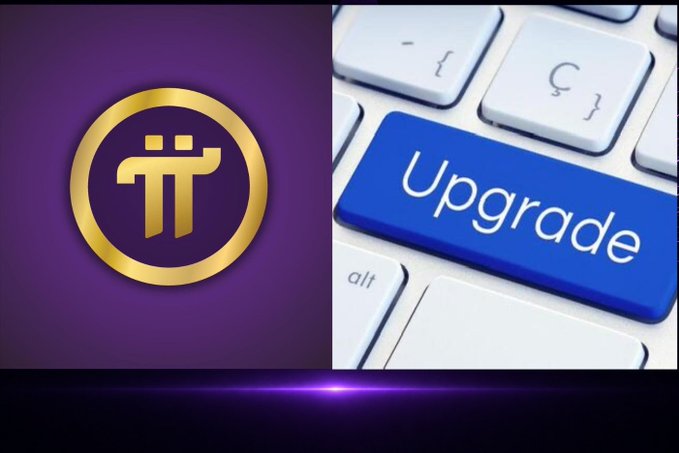 A split image showing the Pi Network gold logo on a purple background on the left and a keyboard with a blue "Upgrade" key on the right.
