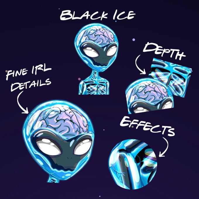 A digital illustration showing a blue alien character titled 'BLACK ICE', with labeled details including 'FINE IRL DETAILS', 'DEPTH', and 'EFFECTS'.