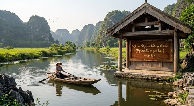 A person rows a wooden boat down a river surrounded by dramatic karst mountains and lush greenery, with a wooden pavilion on the right displaying a sign with Vietnamese text including 'Em Tơ'.