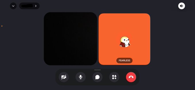 The image shows a Discord-style voice call interface with two squares: an empty black one and an orange one featuring a cartoon character with a "FEARLESS" tag below. The post about NFTs and a "collab manager cooking something" suggests this is teasing a new NFT-related announcement or collaboration drop.