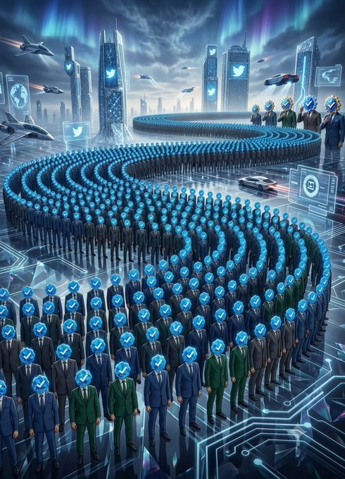 A vast army of Twitter-logo-headed figures in suits stretches into a futuristic skyline, forming a swirling formation that mirrors the "gravitational pull" of engagement requested in the post. The crowd of users surrounds a few distinguished figures on the right, visually representing the mass of commenters being summoned to "enter orbit" with a simple "Hello."