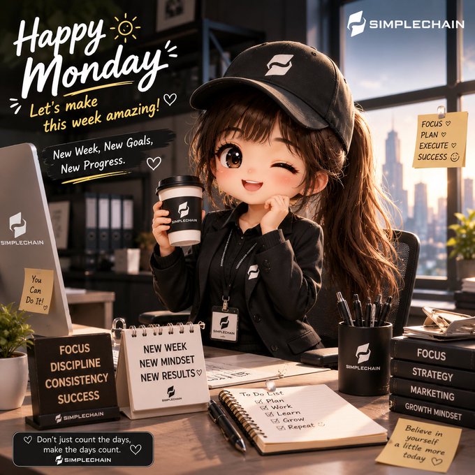 An illustrated promotional image featuring an anime-style girl in a black cap holding a coffee cup, with 'Happy Monday' text and 'SIMPLECHAIN' branding alongside motivational phrases like 'New Week, New Goals, New Progress.'