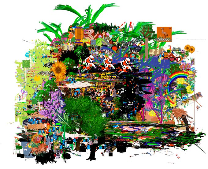 A vibrant, chaotic digital collage artwork filled with colorful imagery including sunflowers, trees, rainbows, pixel art, and various textured elements arranged in a dense, layered composition.