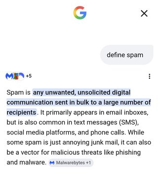 Google search result for 'define spam' showing a Malwarbytes definition describing spam as unwanted digital communication sent in bulk to many recipients.