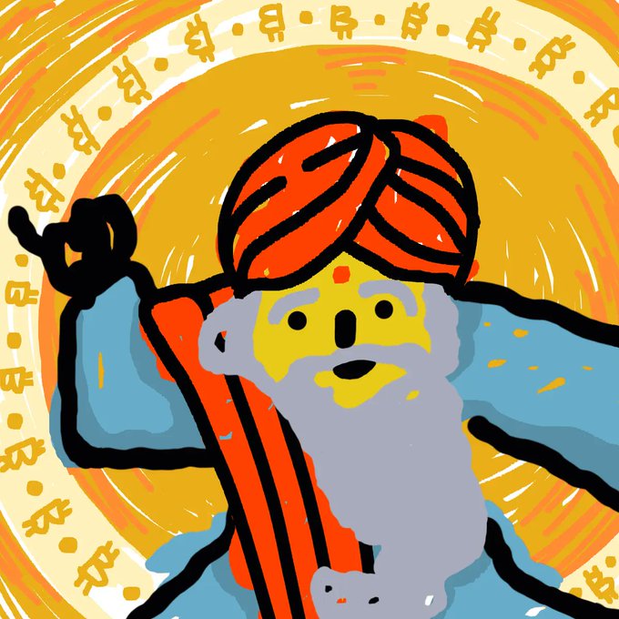 A stylized digital painting depicts a bearded figure with an orange turban holding up two fingers, set against a swirling orange background with runic symbols.