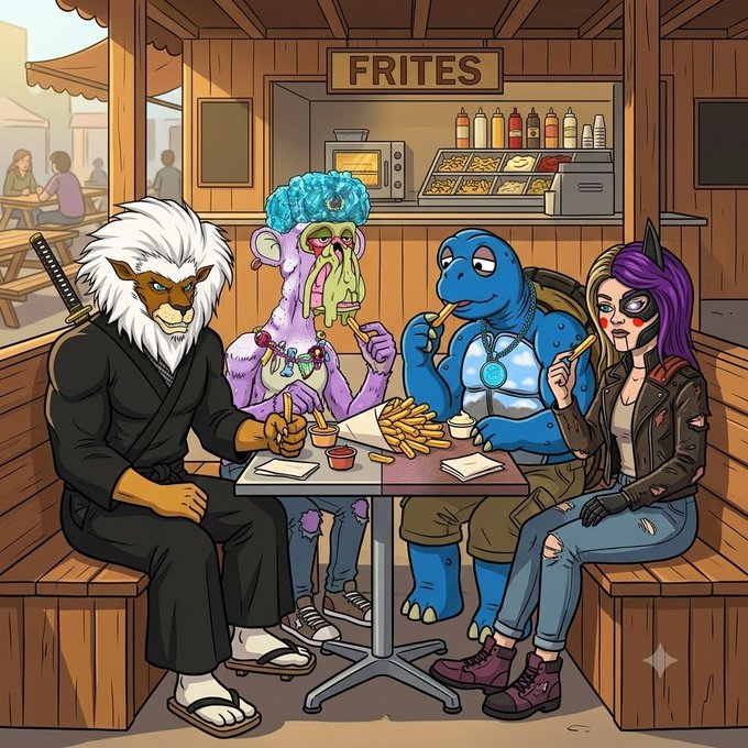 A cartoon-style image showing four diverse fantasy characters (a lion samurai, a purple alien, a blue turtle, and a purple-haired woman) eating fries together at a 'FRITES' stand.