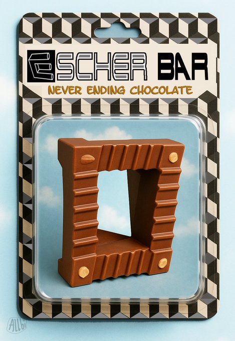 A toy blister package labeled 'ESCHER BAR - NEVER ENDING CHOCOLATE' features a chocolate bar shaped like a Penrose triangle with repeating stairs, designed by Allie.