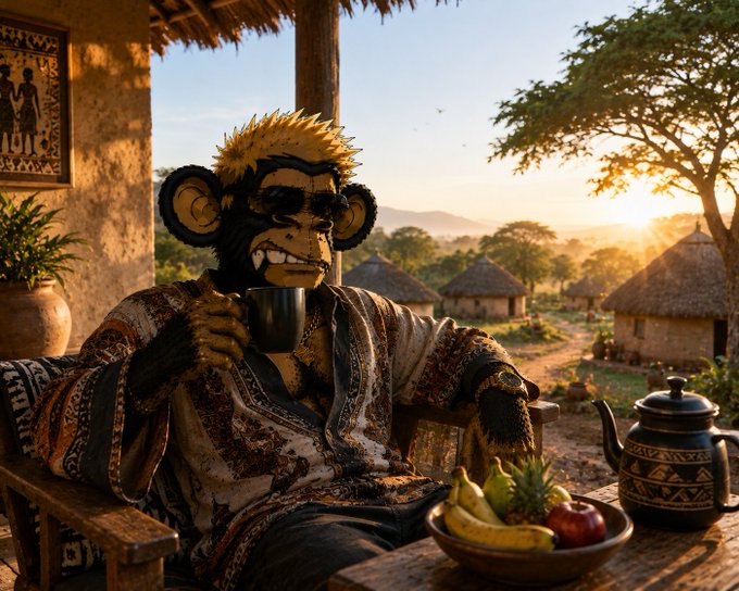 A monkey-like humanoid character with spiky blonde hair sits in a wooden chair in an African village setting at sunset, drinking from a cup and wearing a patterned robe, with a bowl of fruit and a decorative teapot on the table beside it.