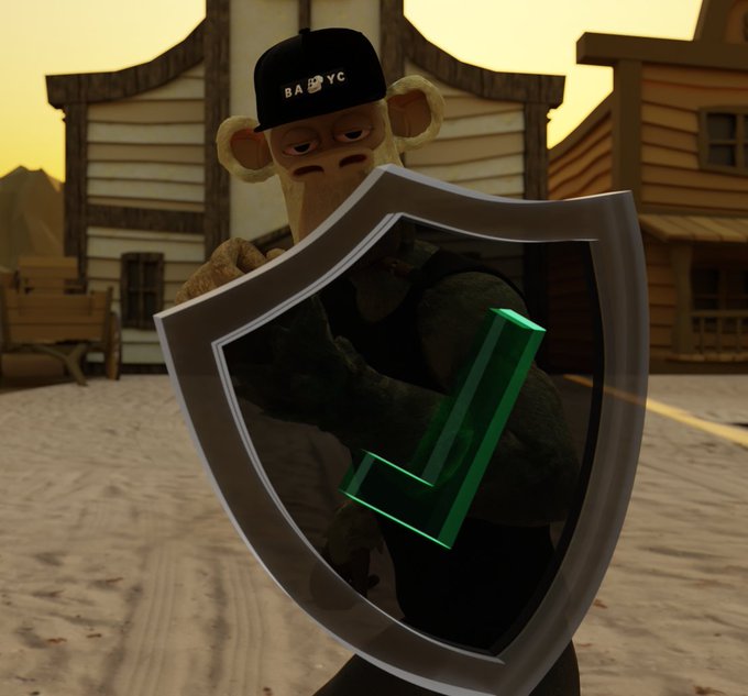 A 3D rendered character resembling a monkey wearing a black 'BABYC' cap and holding a metallic shield with a green 'L' emblem, standing in a dusty western-style town.