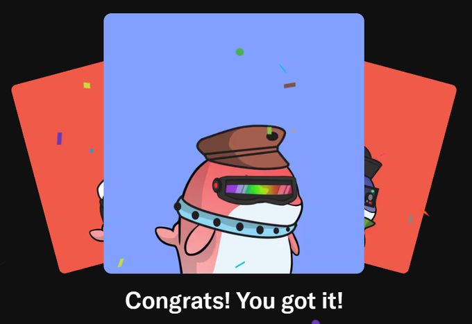 A digital trading card featuring a cartoon character wearing a poop hat with a rainbow visor, with the text 'Congrats! You got it!' displayed below.