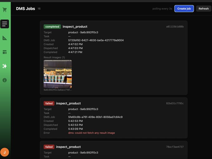 A dark-themed dashboard interface for "DMS Jobs" displaying a completed job for "inspect_product" with result images of boxes, alongside two failed jobs showing an error message "dms: could not fetch any result image".