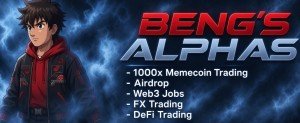 Promotional graphic for "BENG'S ALPHAS" featuring an anime-style character and listing services: 1000x Memecoin Trading, Airdrop, Web3 Jobs, FX Trading, and DeFi Trading.