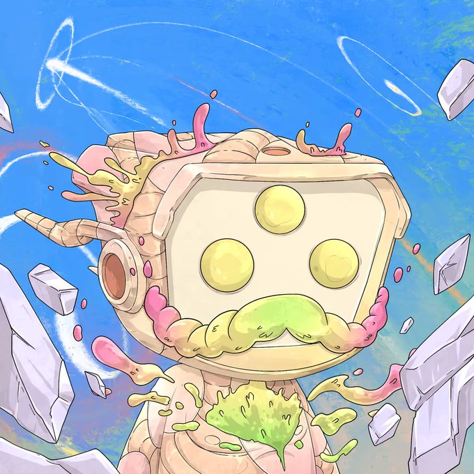 A colorful digital illustration of a robotic or creature character with a screen-like face displaying three yellow dots, surrounded by splashes of colorful liquid and floating rocks.