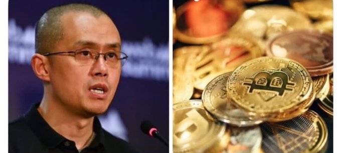 The image shows a side-by-side composition: on the left, a man with glasses and a shaved head speaking at what appears to be a press conference or panel, and on the right, a pile of physical Bitcoin coins with the recognizable ₿ symbol prominently displayed. The visual relates to the post about CZ (Changpeng Zhao) of Binance discussing Pi Network's sustainable AI synergy model, with the Bitcoin imagery symbolizing the cryptocurrency context of his remarks on blockchain and AI integration.