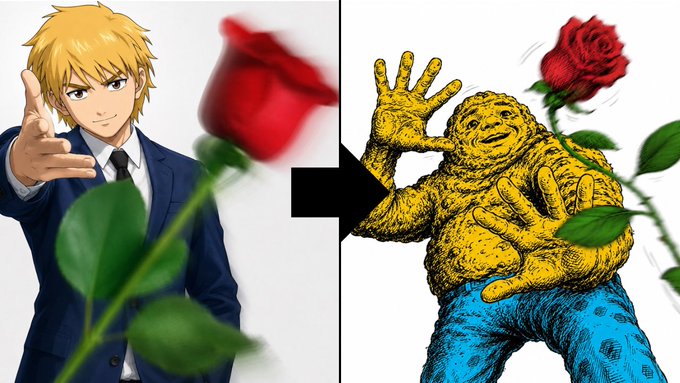 A meme showing an anime character with a rose transforming into a yellow grotesque figure holding a rose, separated by a black arrow.