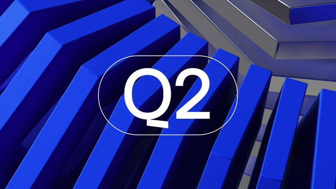 A digital graphic features the text 'Q2' in white letters inside a rounded outline, set against a background of angled, 3D blue and black stripes.