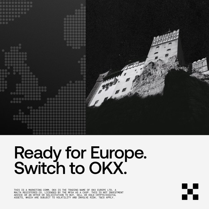 A dark, ominous black-and-white image of a fortress on a rocky outcrop with the headline "Ready for Europe. Switch to OKX" and small text noting "OKX is the trading name of OKX Europe Ltd, a Malta registered co, licensed by the MFSA as a CASP."

The gloomy, castle-like imagery and "Ready for Europe" messaging visually reinforce the post's point that a bear market is when you should care most about where you trade and hold funds, positioning OKX's MiCA-regulated European presence as a secure fortress in turbulent times.