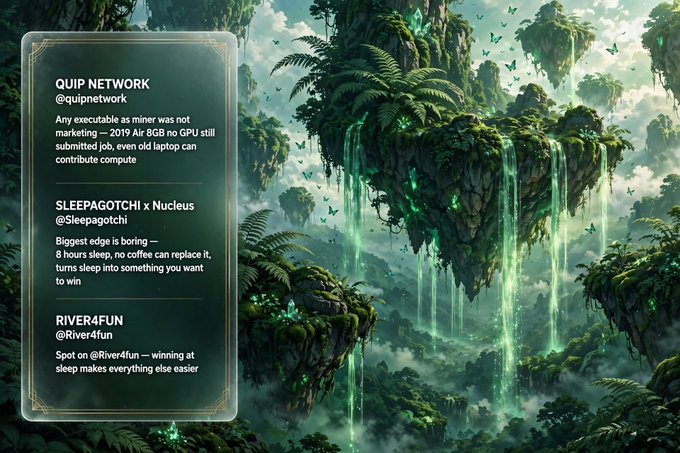 A fantasy-style illustration of floating, lush green islands with waterfalls is overlaid with a semi-transparent text box featuring Twitter posts from @quipnetwork, @Sleepagotchi x Nucleus, and @River4fun.