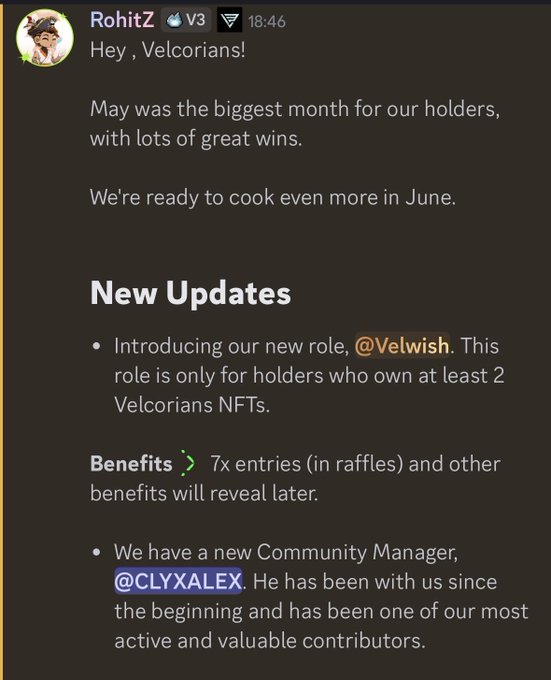 The image features a screenshot of a twitter post with text written on it. The text seems to be part of an update or message, as indicated by phrases such as "New Updates" and "@V3LCOR3". Additionally, there is another line of text that appears to be in reference to the user @cyxalex who has a specific interest in the new updates posted on Twitter. Overall, the image focuses on the content being shared via the social media platform with the associated twitter account information provided alongside it.