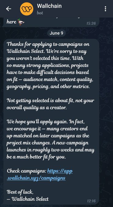 The image shows a text message conversation between two people, with one person typing out a message about applying to Wallchain campaigns. The other person responds by saying that they were rejected from the campaign.