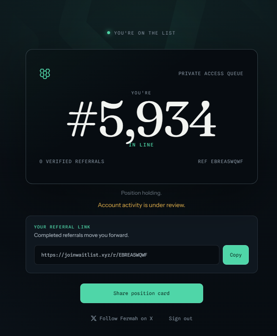 A screenshot of a Fermah waitlist position card showing '#5,934 IN LINE' with 0 verified referrals, referral code EBRBASWQF, and a note that 'Account activity is under review.'