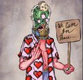 A whimsical sketch of a figure with a floral headpiece, dressed in a patterned outfit, holding a sign that reads 'Hot Love, Potion Please'.
