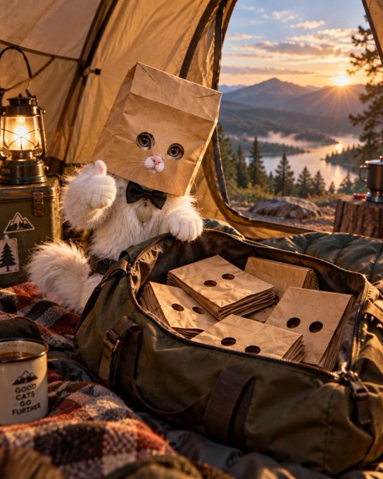 A whimsical AI-generated image of a fluffy white cat wearing a bow tie with a brown paper bag (with eye holes) on its head, sitting in a tent alongside a duffel bag filled with more paper bags, with a scenic lake and mountain sunset view.
