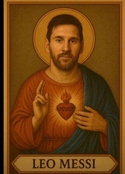 The image shows a religious-style icon depicting Lionel Messi as a saint-like figure, complete with a golden halo and the Sacred Heart emblem on his chest, with the text "LEO MESSI" displayed below.

In relation to the post about waiting for a win in July, the image plays on the idea of Messi being a "savior" or messianic figure for football fans, suggesting that fans are "praying" for Argentina or Inter Miami to achieve victory as if divine intervention were needed.