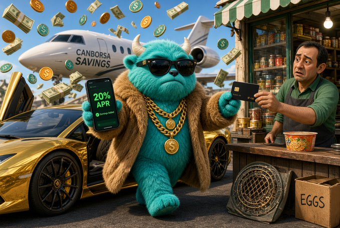 A humorous image showing a teal, furry creature wearing sunglasses, a gold chain, and a fur coat, holding a phone displaying '20% APR' next to a gold sports car and a private jet labeled 'CANBORSA SAVINGS'.