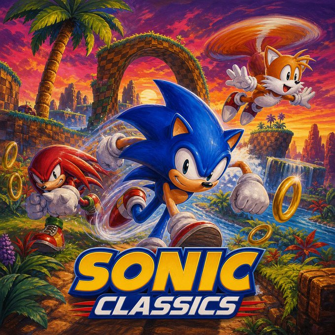 Promotional artwork for 'Sonic Classics' featuring Sonic the Hedgehog, Knuckles, and Tails running through a tropical landscape with the iconic golden rings and checkered archway.