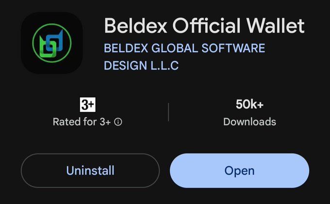 A mobile app store listing for "Beldex Official Wallet" by BELDEX GLOBAL SOFTWARE DESIGN L.L.C., showing it's rated for 3+, has 50k+ downloads, with Uninstall and Open buttons.