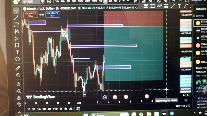 A TradingView screen displaying a Bitcoin/U.S. Dollar chart (BTCUSD) on a 1-hour timeframe with candlestick patterns and purple horizontal support/resistance zones marked on the chart.