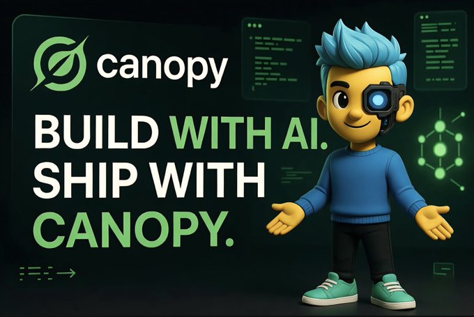A promotional graphic for Canopy featuring a cartoon character with blue hair and a blue sweater, with the text 'BUILD WITH AI. SHIP WITH CANOPY.'