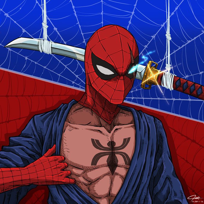 A digital illustration depicting Spider-Man in his costume with his mask partially removed, standing against a blue spiderweb background with a sword visible behind him.