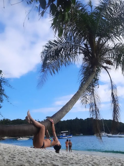 A woman in a bikini hangs upside down from a leaning palm tree on a sandy beach, with two other people standing nearby and boats visible on the water in the background.