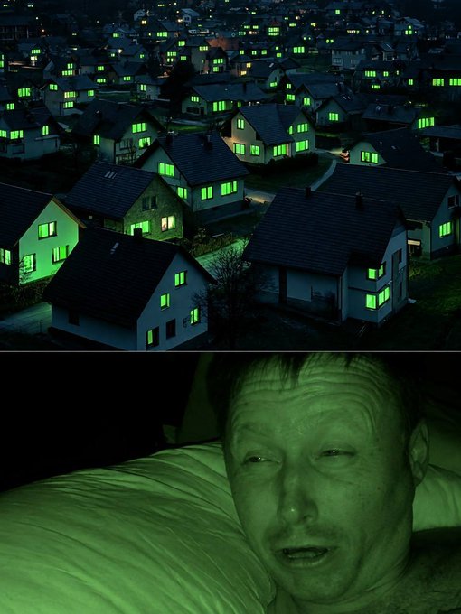 An aerial view of a suburban neighborhood at night with green-lit windows above, paired with a close-up of a man's face illuminated by green light, evoking a night-vision effect.