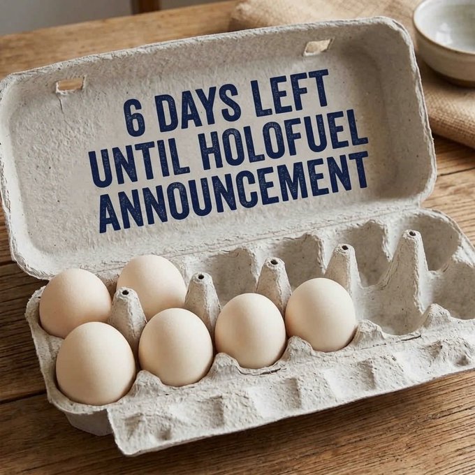 A rustic egg carton on a wooden table with the text '6 DAYS LEFT UNTIL HOLOFUEL ANNOUNCEMENT' stamped on the open lid.