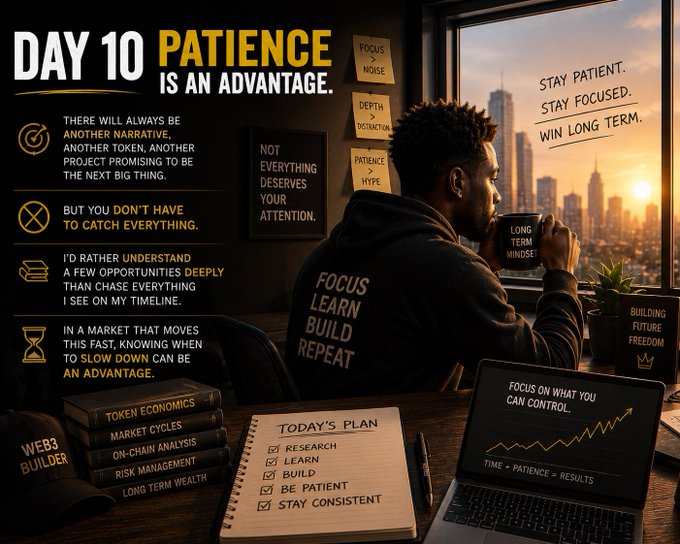 A motivational graphic titled "DAY 10 PATIENCE IS AN ADVANTAGE" showing a man holding a coffee mug overlooking a city, with bullet points about patience and focus.