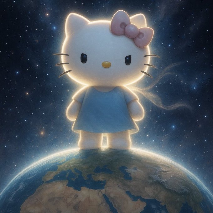 A digital illustration of Hello Kitty wearing a blue dress and pink bow, standing atop Earth with a glowing aura against a starry space background.