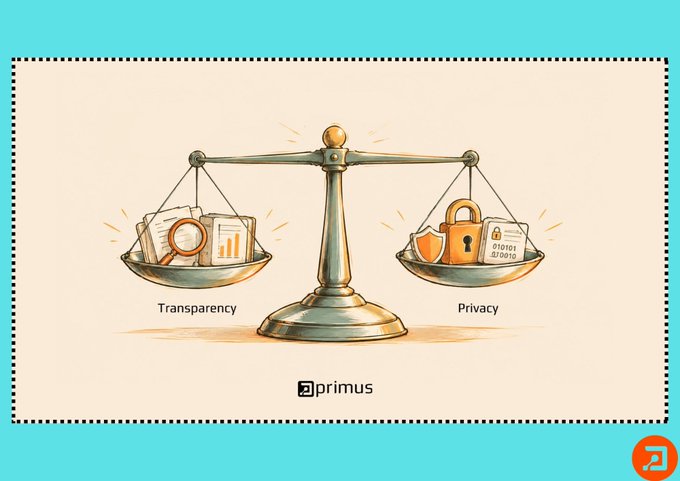 An illustration titled "primus" showing a balance scale weighing "Transparency" (with documents and magnifying glass) against "Privacy" (with a lock and shield icon).