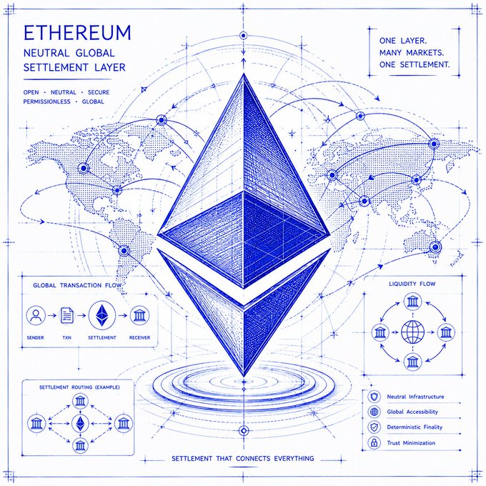 The image features a blue illustration of an etherium cryptocurrency token with a pyramid shape at its center, surrounded by various symbols representing different aspects of blockchain technology. The text above the illustration reads "ETHEREUM" and "Neutral Global Settlement Layer", indicating that this is a visual representation or diagram related to Ethereum. The post also mentions how Ethereum becomes interesting when it comes to settlement layers, emphasizing their importance in the cryptocurrency world.