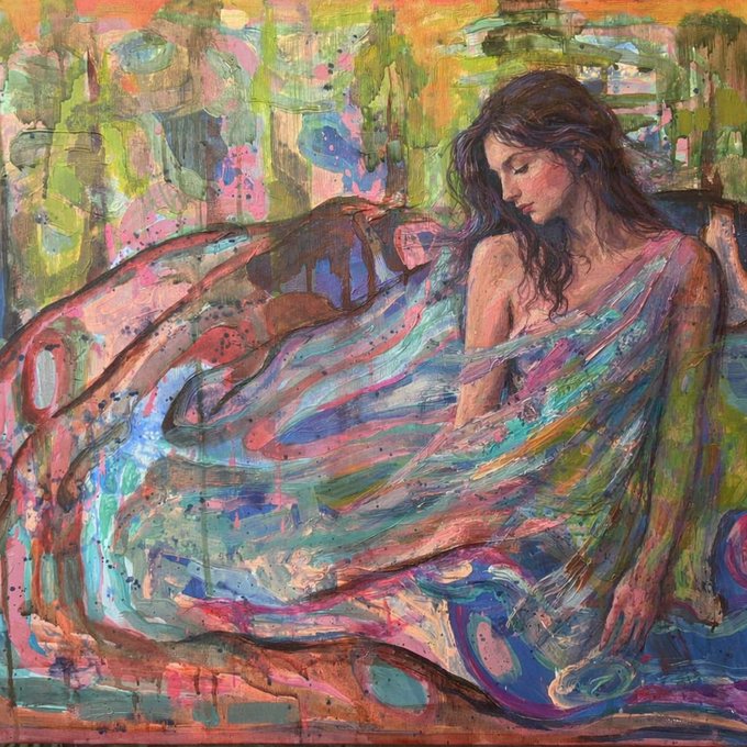 An expressive watercolor and acrylic painting of a woman with dark hair, eyes closed, surrounded by flowing, multicolored drapery in pinks, blues, and greens.