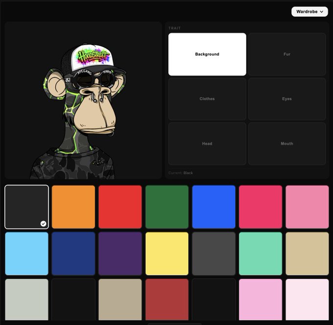 A character customization interface showing a 3D monkey wearing a black cap and sunglasses with 'HODLSTREET' on it, alongside options to customize traits like 'Background', 'Fur', and 'Clothes', and a color palette below.