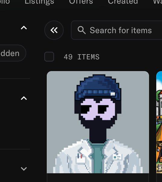 A dark-themed NFT marketplace listing page showing a pixel art profile picture (PFP) of a character with a blue beanie and sunglasses, labeled '49 ITEMS'.