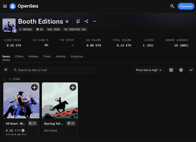 A screenshot of an OpenSea NFT collection page titled 'Booth Editions' showing 2 items including 'All Heart - Bl...' priced at 0.25 ETH and 'Burning Tail -...' not listed, with a floor price of 0.25 ETH.