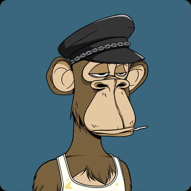 The image features a cartoon monkey wearing a hat, smoking a cigarette while standing against a blue background. The caption of the image reads "First an OG ape Then a mayc And a doggo I need a mutant soon @BoredApeYC". This suggests that the image is related to a post about the evolution of apes and their characteristics or the concept of a monkey wearing a hat, which could be interpreted as a joke.